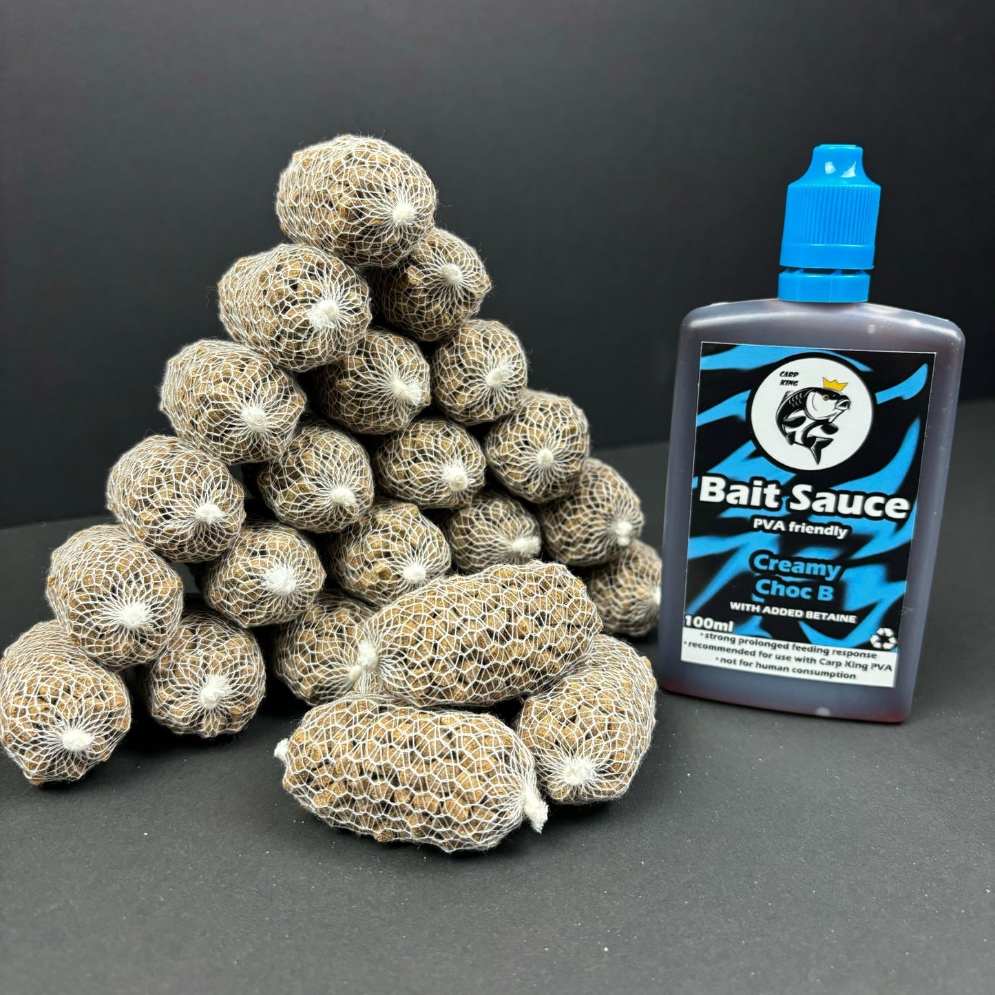 PRE TIED PVA BAGS SESSION PACK + CARP KING BAIT SAUCE( SIX FLAVOURS)