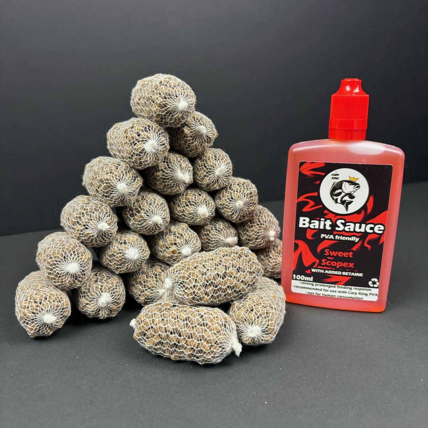 PRE TIED PVA BAGS SESSION PACK + CARP KING BAIT SAUCE( SIX FLAVOURS)